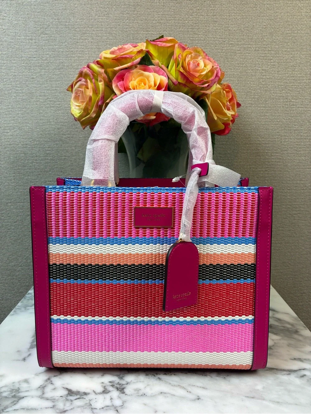 Kate Spade Wild Raspberry Striped Woven Manhattan Satchel - NWT $398 Retail
